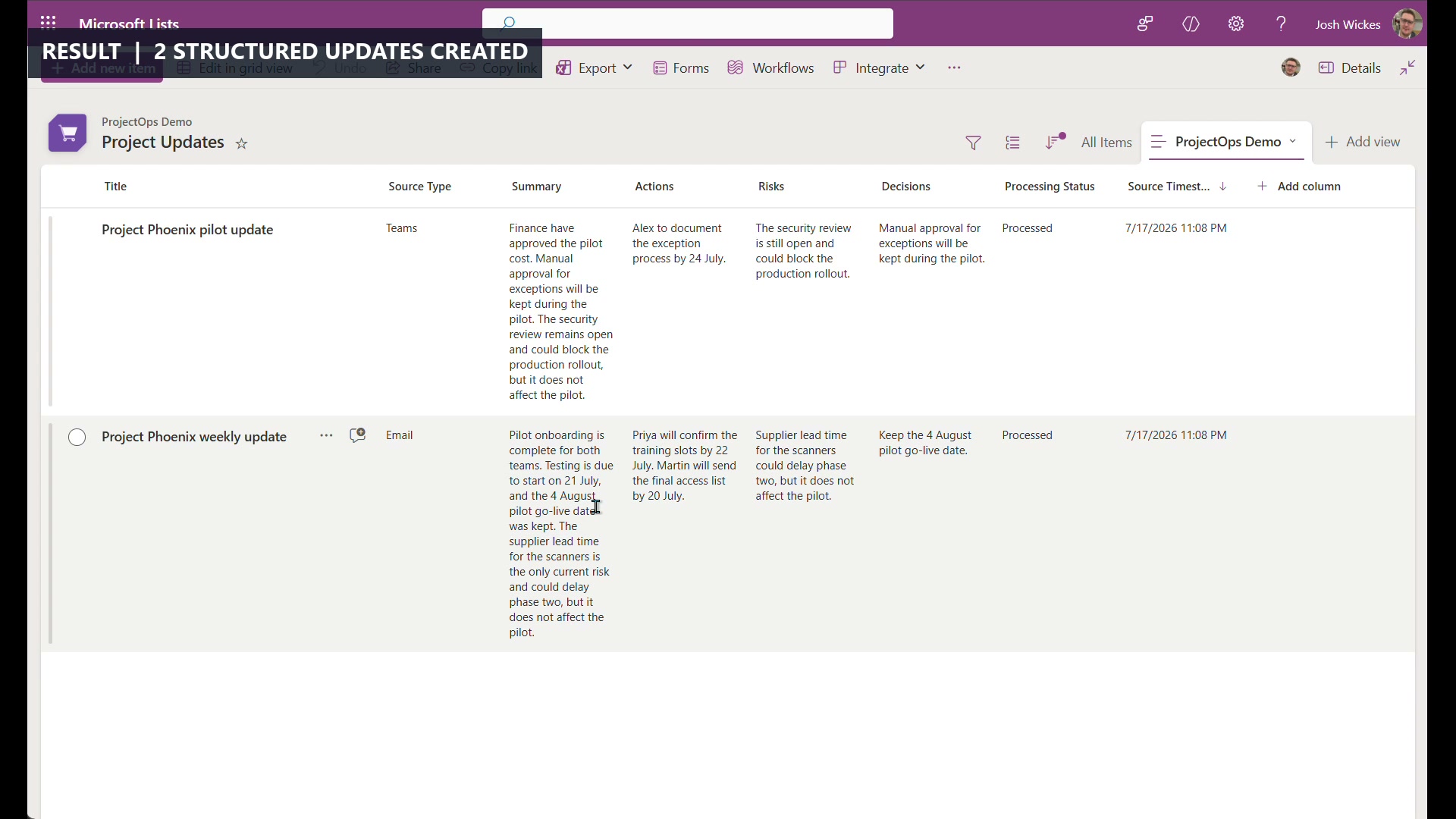 Two structured Project Phoenix updates in a SharePoint list