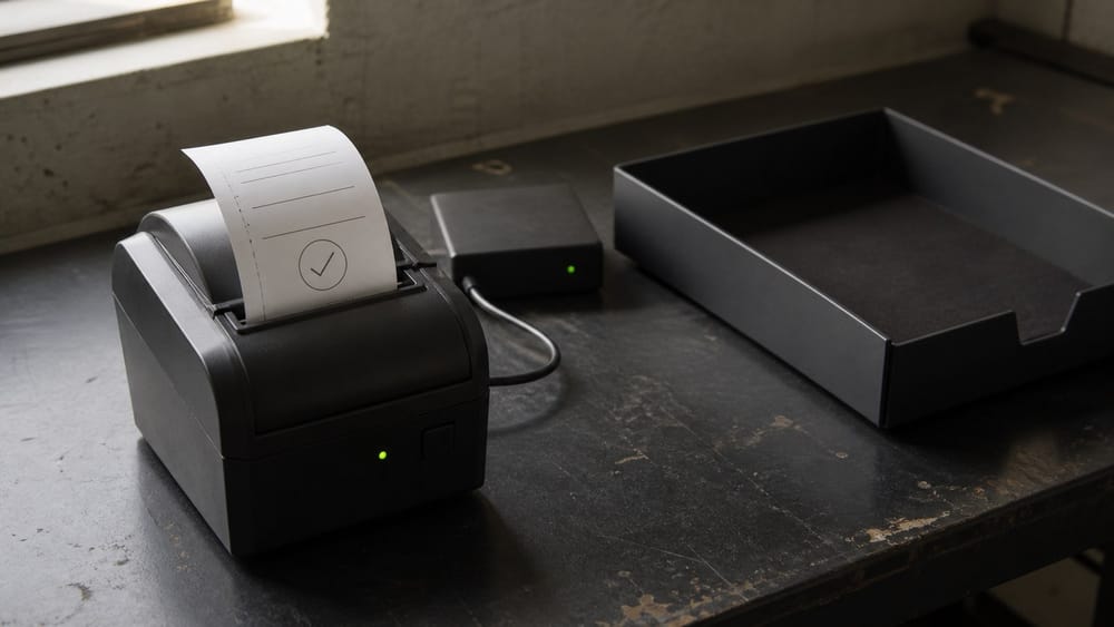 A receipt printer beside an empty output tray, representing an automation that completed without producing an actionable result.