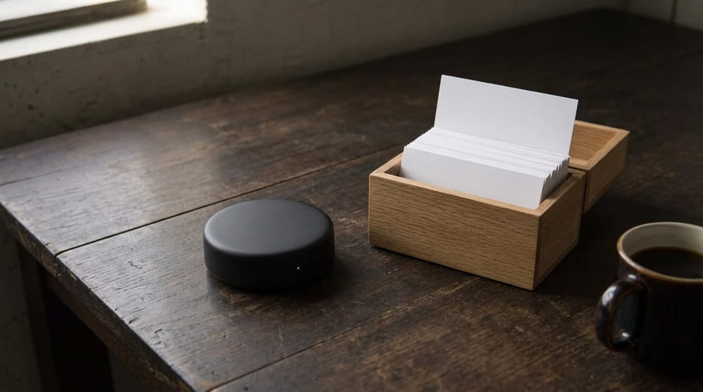A small black device sits quietly beside a wooden index-card box on a dark desk