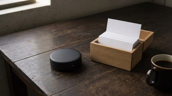 A small black device sits quietly beside a wooden index-card box on a dark desk